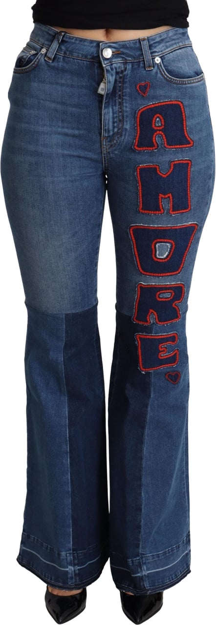 Dolce & Gabbana Blue Amore Patch Boot Cut Cotton Stretch Pant Blauw