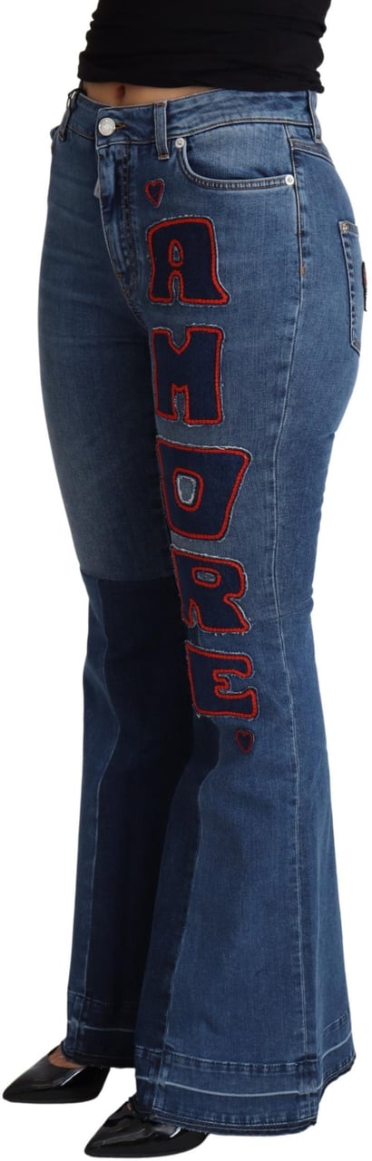 Dolce & Gabbana Blue Amore Patch Boot Cut Cotton Stretch Pant Blauw