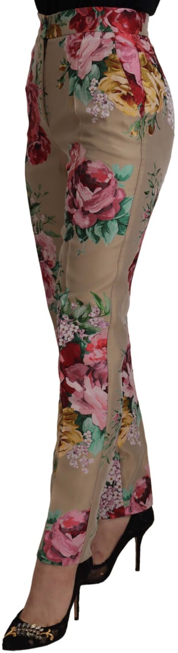 Dolce & Gabbana Beige Floral Dress Formal High Waist Pants Beige