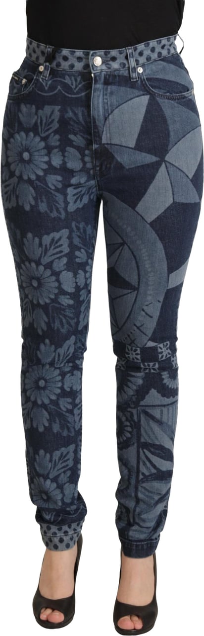 Dolce & Gabbana Blue Floral High Waist Skinny Denim Jeans Blauw