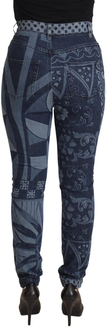 Dolce & Gabbana Blue Floral High Waist Skinny Denim Jeans Blauw