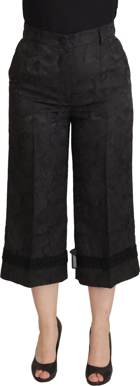 Dolce & Gabbana Black Brocade Cropped High Waist Pants Zwart