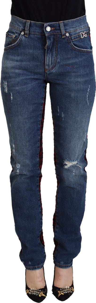 Dolce & Gabbana Blue Checkered Back Skinny Denim Jeans Blauw