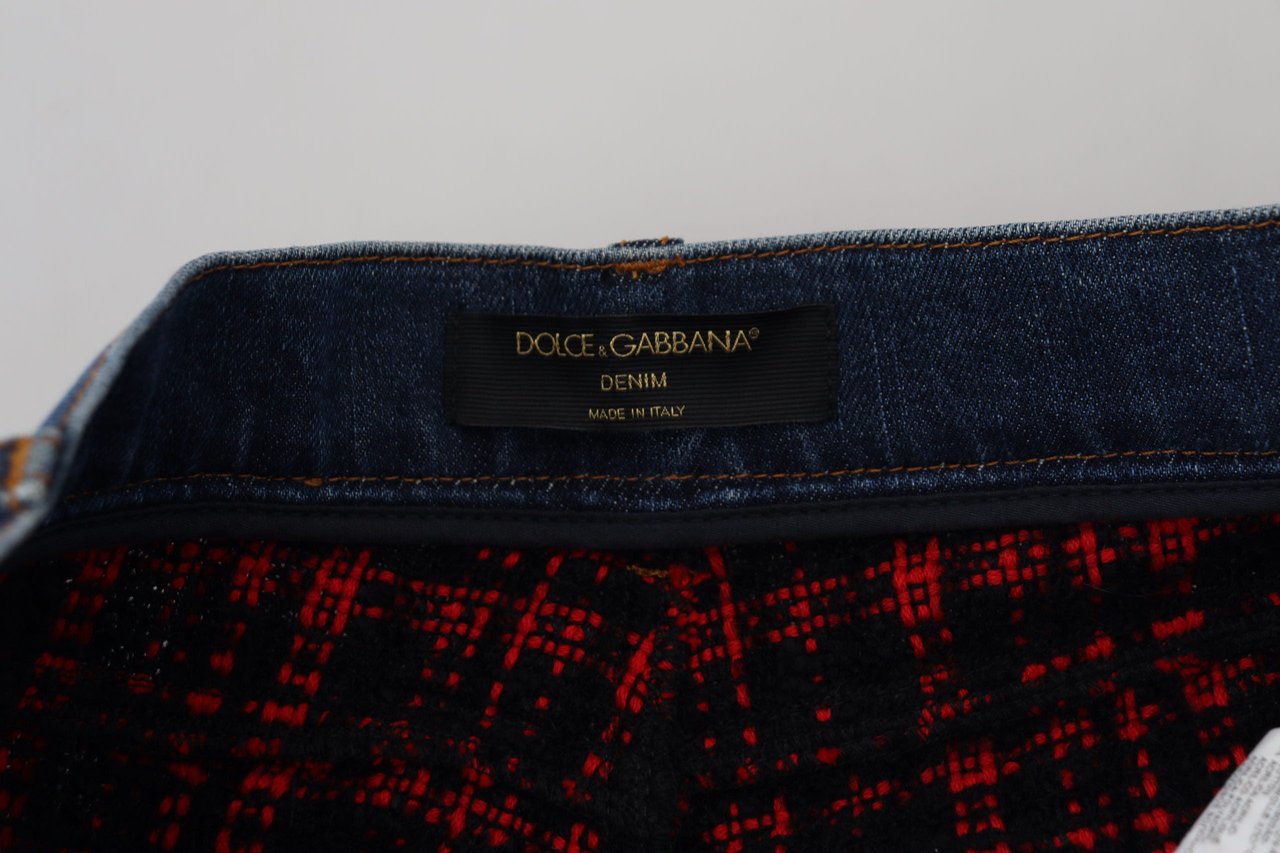 Dolce & Gabbana Blue Checkered Back Skinny Denim Jeans Blauw