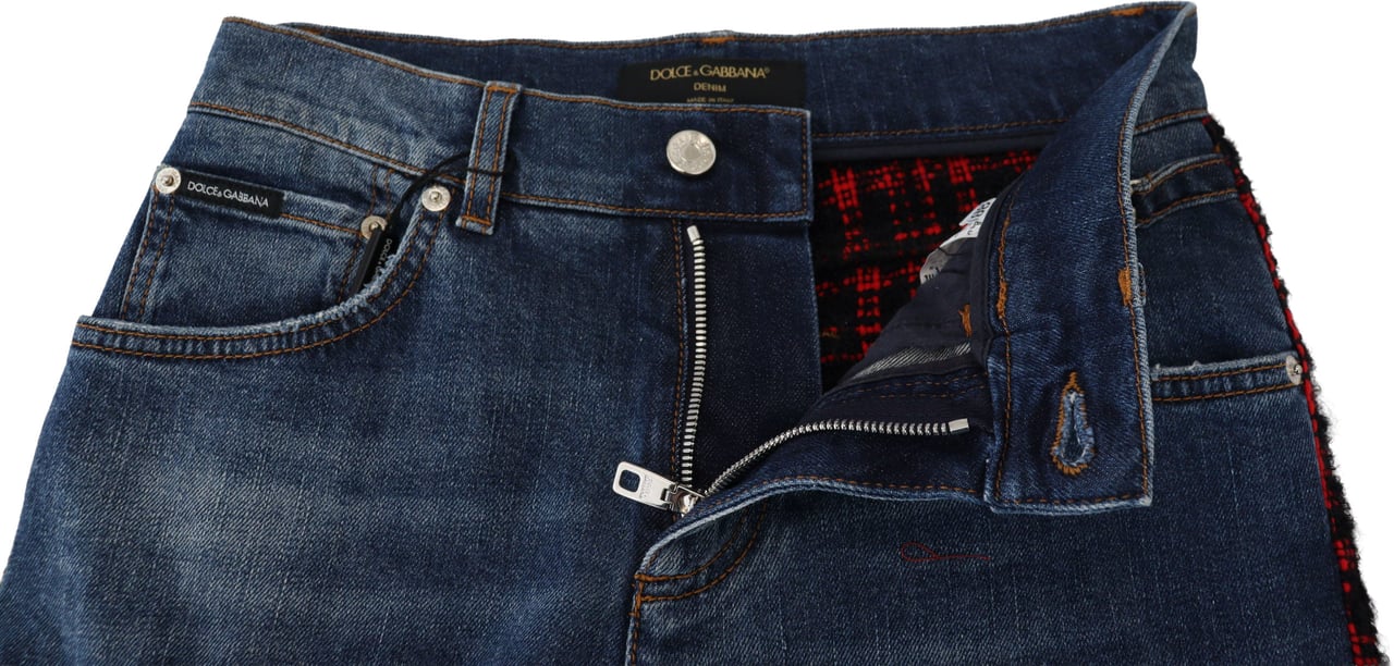 Dolce & Gabbana Blue Checkered Back Skinny Denim Jeans Blauw