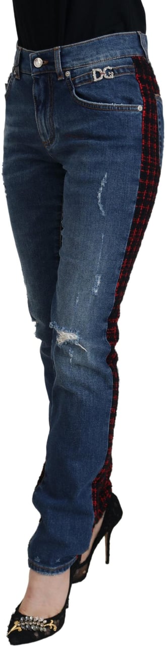 Dolce & Gabbana Blue Checkered Back Skinny Denim Jeans Blauw