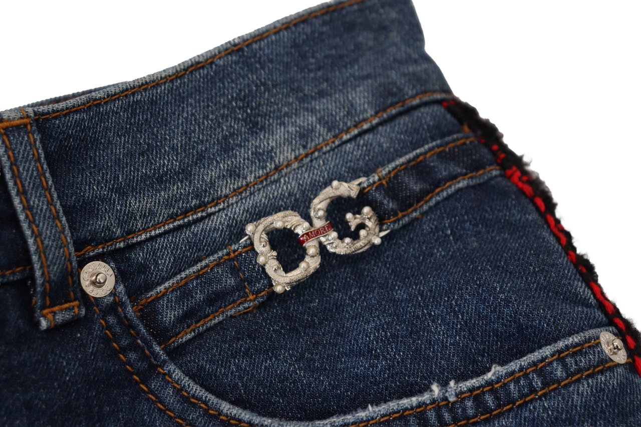 Dolce & Gabbana Blue Checkered Back Skinny Denim Jeans Blauw