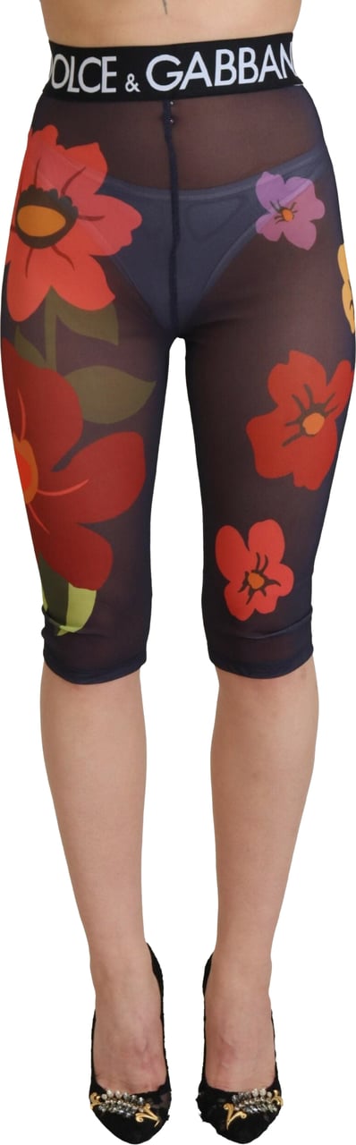 Dolce & Gabbana Black Floral Leggings Stretch Waist Pants Zwart