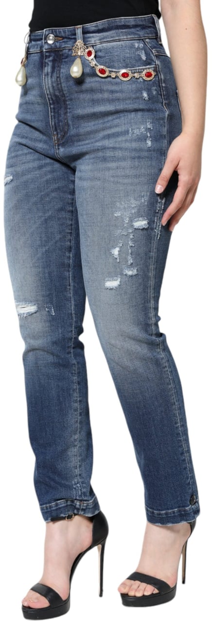 Dolce & Gabbana Dark Blue Cotton Tattered Skinny Denim Jeans Blauw