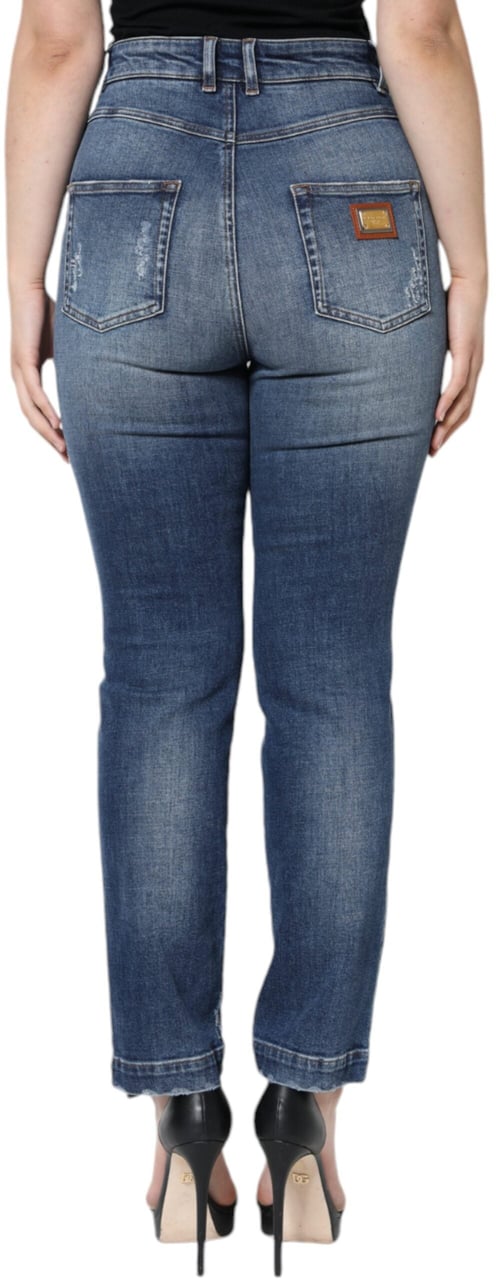 Dolce & Gabbana Dark Blue Cotton Tattered Skinny Denim Jeans Blauw