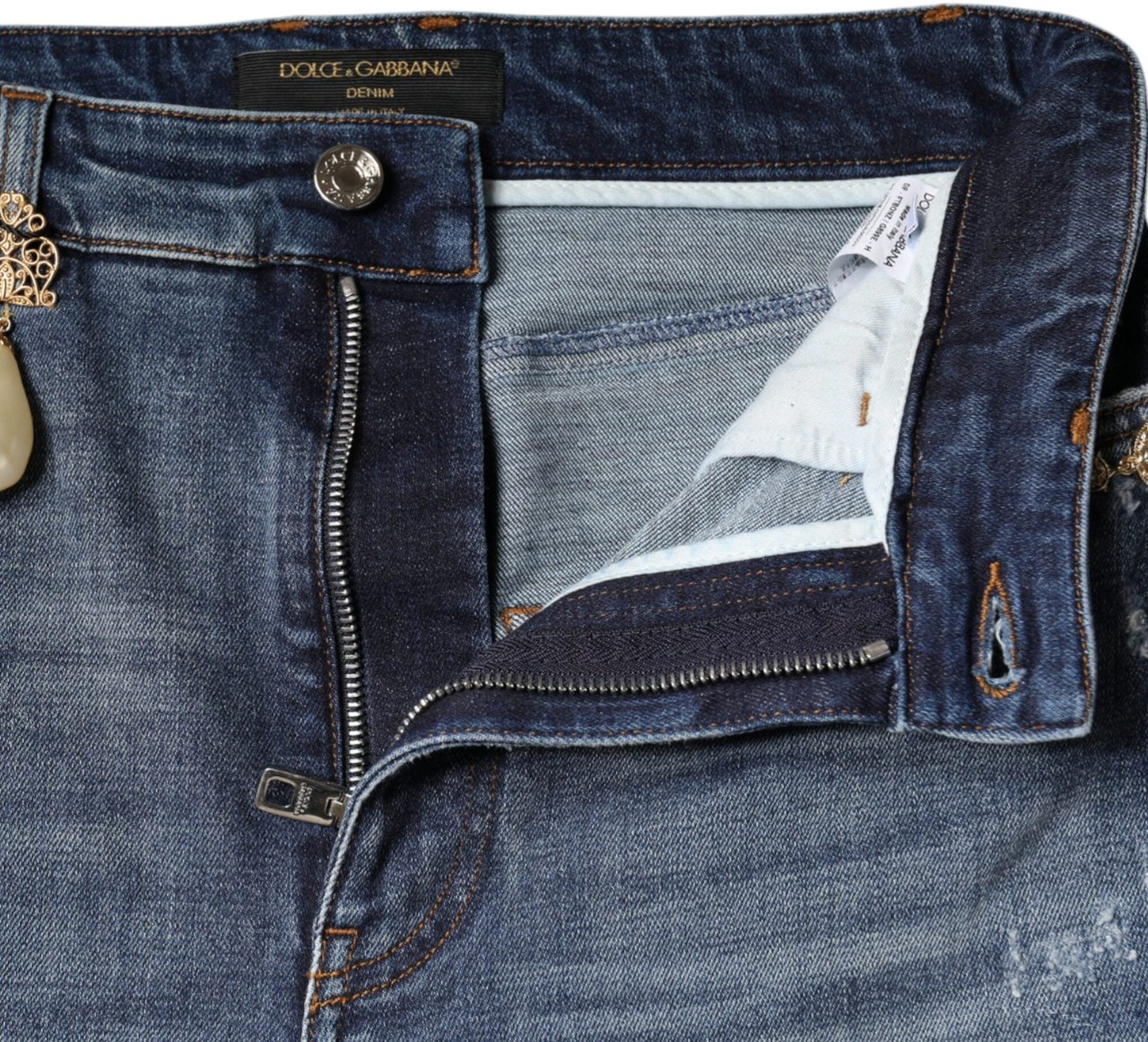 Dolce & Gabbana Dark Blue Cotton Tattered Skinny Denim Jeans Blauw