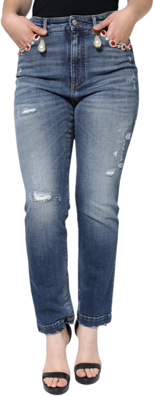 Dolce & Gabbana Dark Blue Cotton Tattered Skinny Denim Jeans Blauw