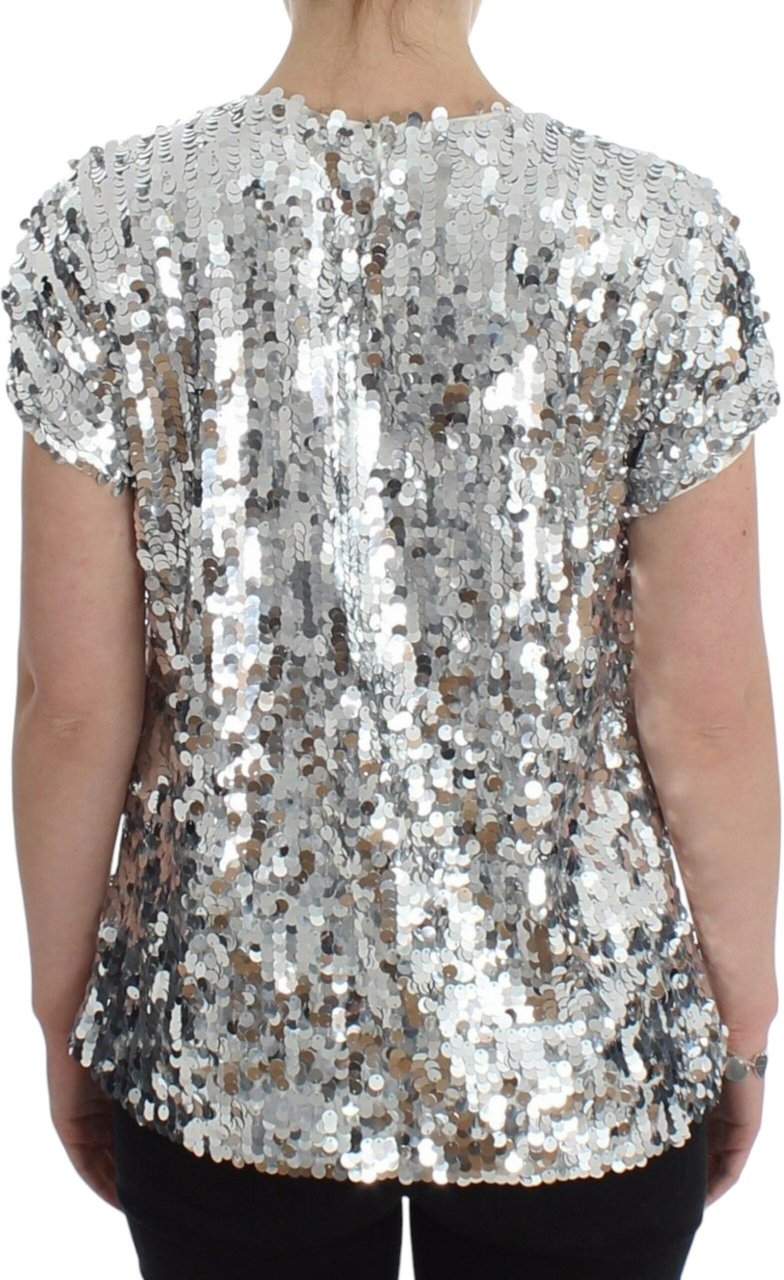 Dolce & Gabbana Silver Sequined Crewneck Blouse T-shirt Top Zilver