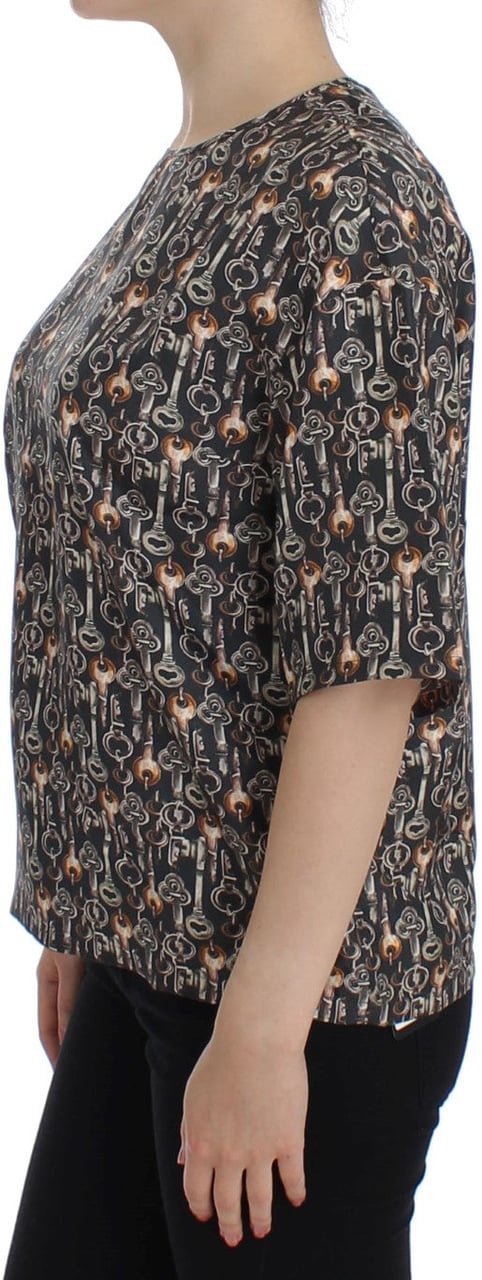 Dolce & Gabbana Gray Gold Key Print Silk Blouse T-shirt Grijs