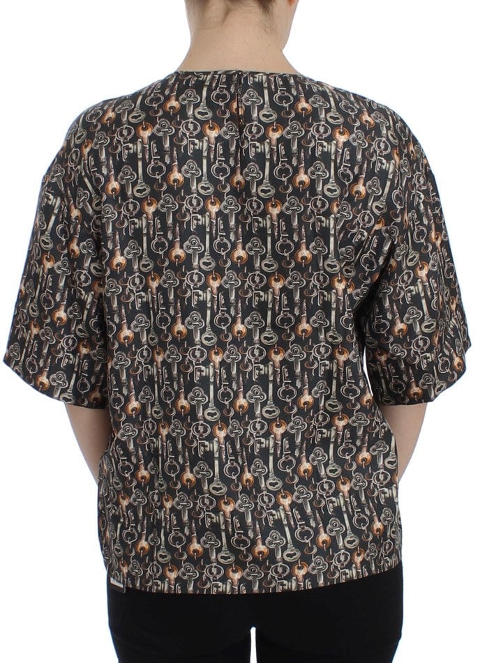 Dolce & Gabbana Gray Gold Key Print Silk Blouse T-shirt Grijs