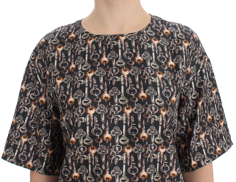 Dolce & Gabbana Gray Gold Key Print Silk Blouse T-shirt Grijs
