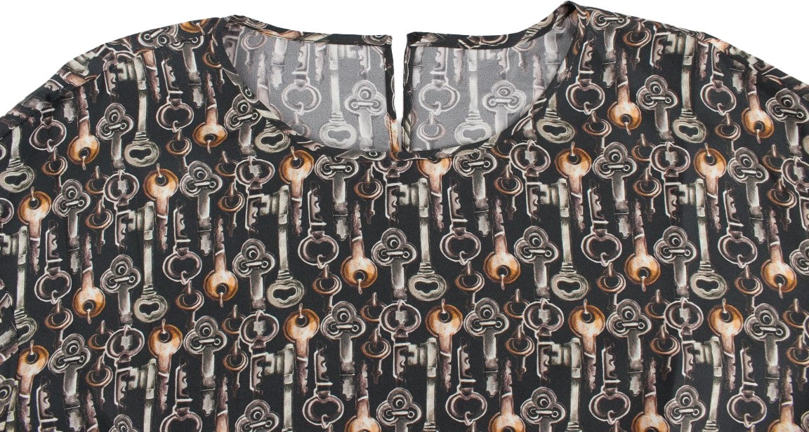 Dolce & Gabbana Gray Gold Key Print Silk Blouse T-shirt Grijs