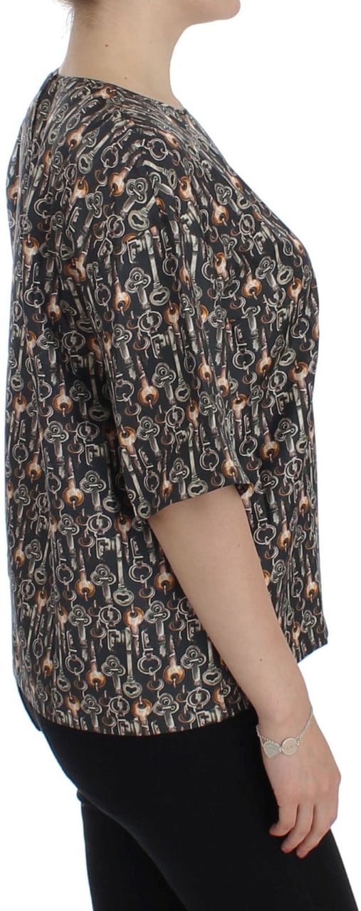 Dolce & Gabbana Gray Gold Key Print Silk Blouse T-shirt Grijs