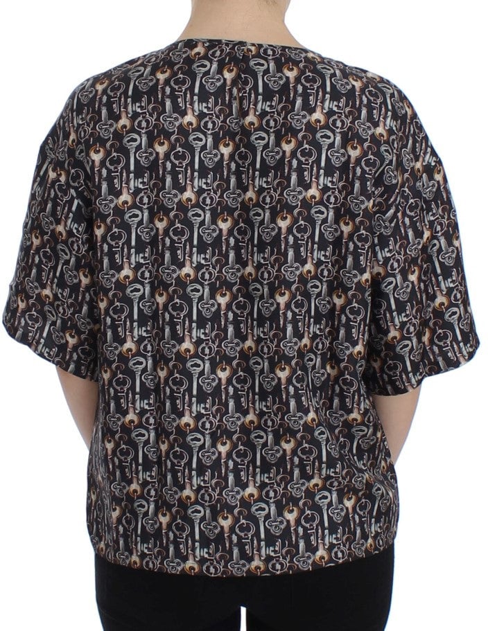 Dolce & Gabbana Gray Gold Key Print Silk Blouse T-shirt Grijs