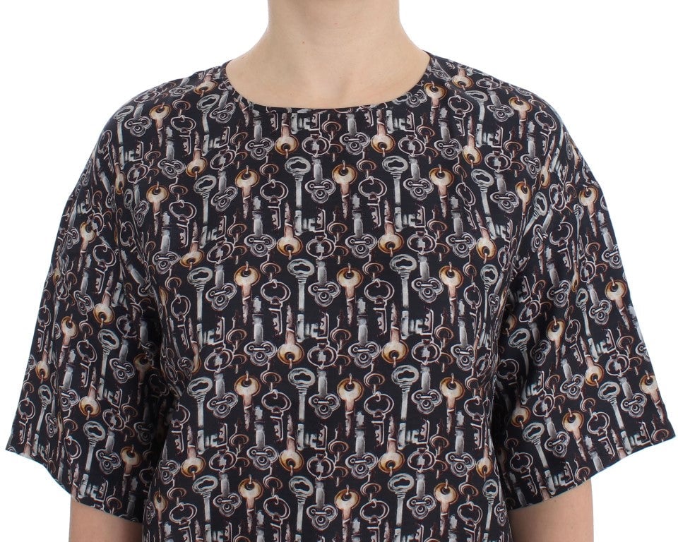 Dolce & Gabbana Gray Gold Key Print Silk Blouse T-shirt Grijs
