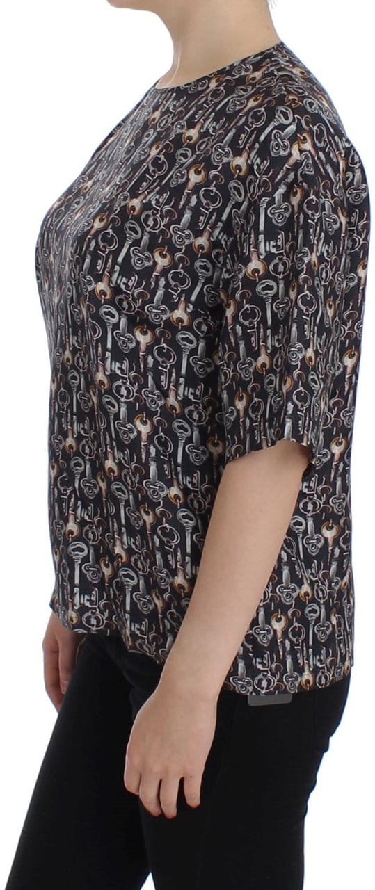 Dolce & Gabbana Gray Gold Key Print Silk Blouse T-shirt Grijs