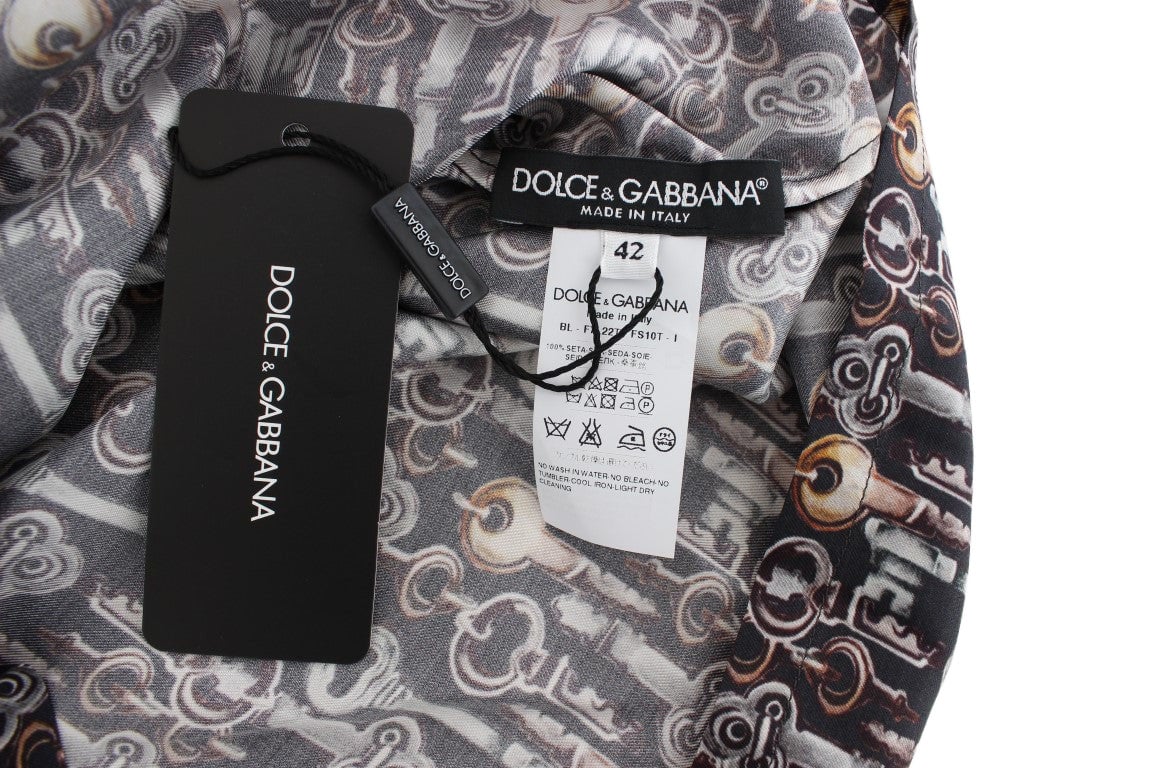 Dolce & Gabbana Gray Gold Key Print Silk Blouse T-shirt Grijs
