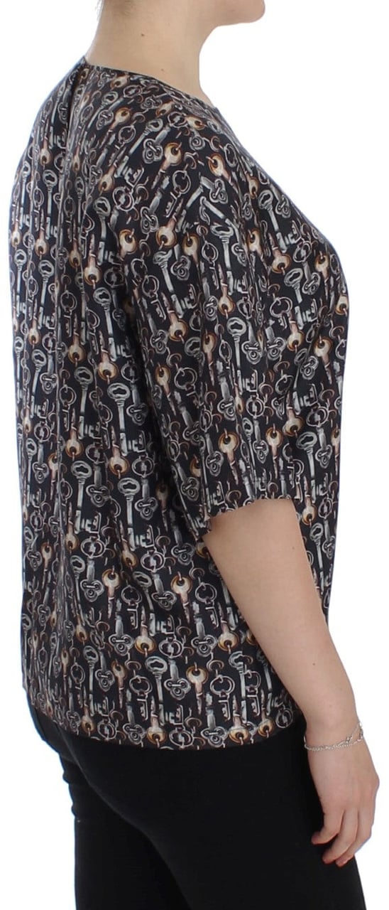 Dolce & Gabbana Gray Gold Key Print Silk Blouse T-shirt Grijs