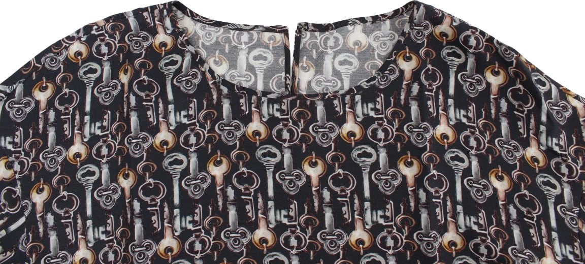 Dolce & Gabbana Gray Gold Key Print Silk Blouse T-shirt Grijs