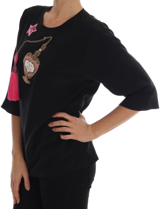Dolce & Gabbana Black Silk Fairy Tale Top Crystal Blouse Zwart