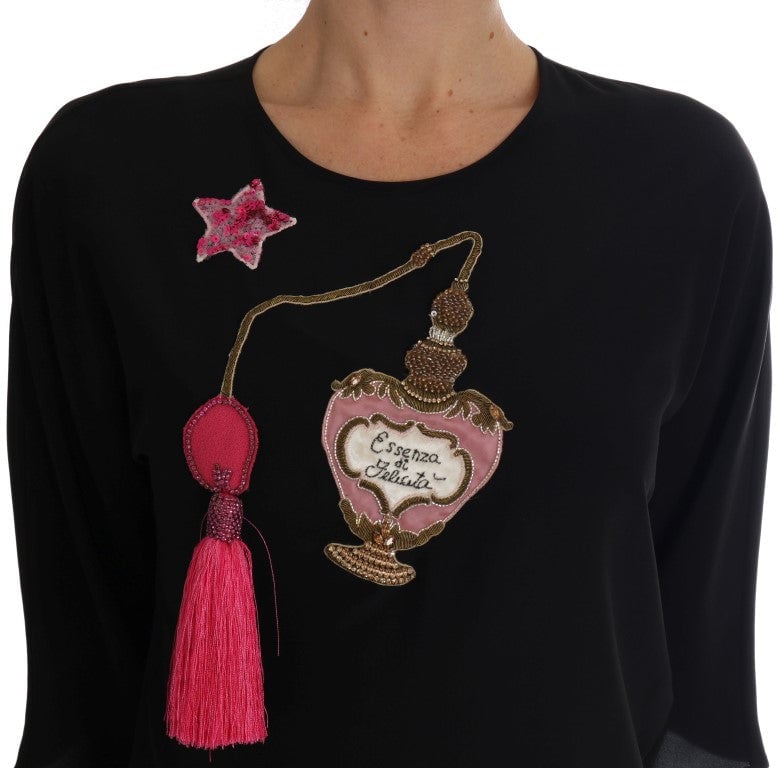 Dolce & Gabbana Black Silk Fairy Tale Top Crystal Blouse Zwart