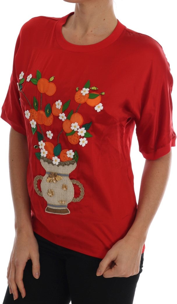 Dolce & Gabbana Red Silk Orange Vase Crystal Top Rood