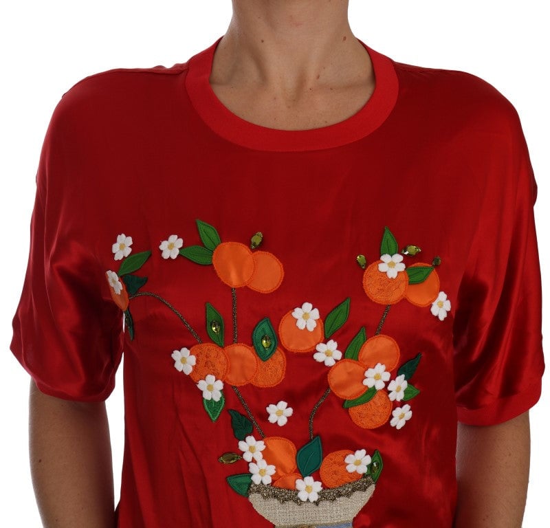 Dolce & Gabbana Red Silk Orange Vase Crystal Top Rood
