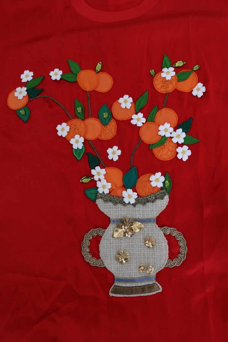 Dolce & Gabbana Red Silk Orange Vase Crystal Top Rood