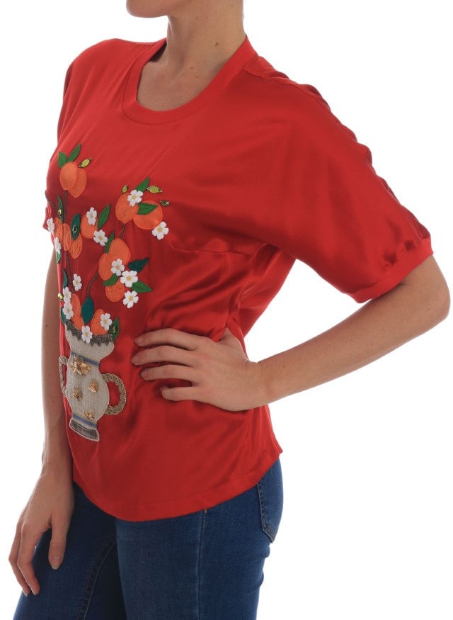 Dolce & Gabbana Red Silk Oranges Floral Crystal Blouse Rood
