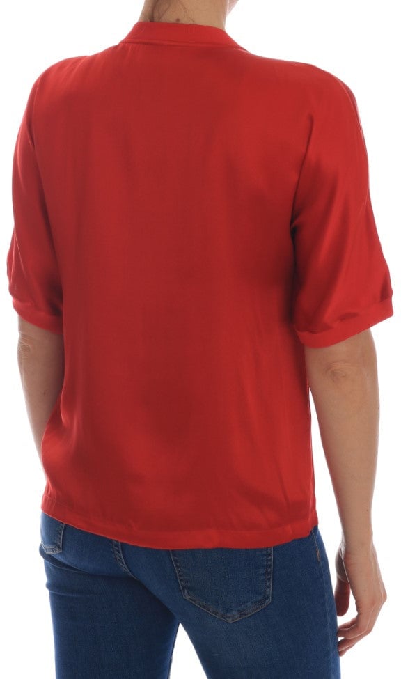 Dolce & Gabbana Red Silk Oranges Floral Crystal Blouse Rood