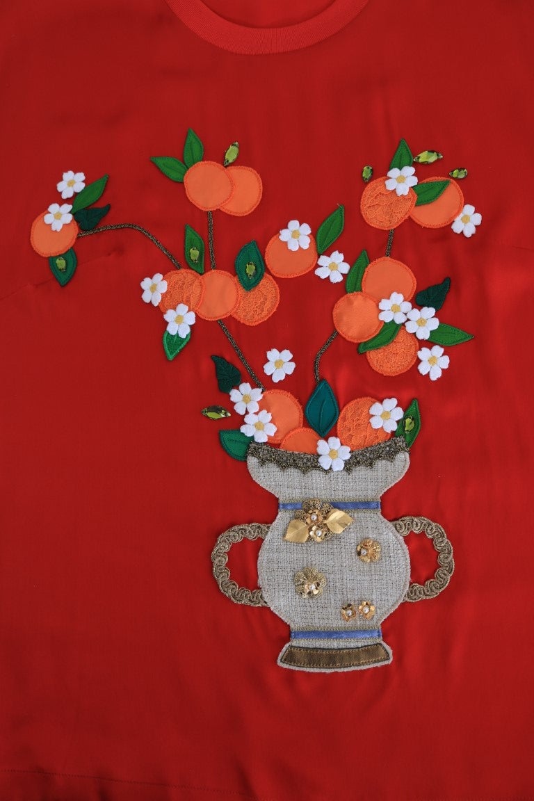 Dolce & Gabbana Red Silk Oranges Floral Crystal Blouse Rood