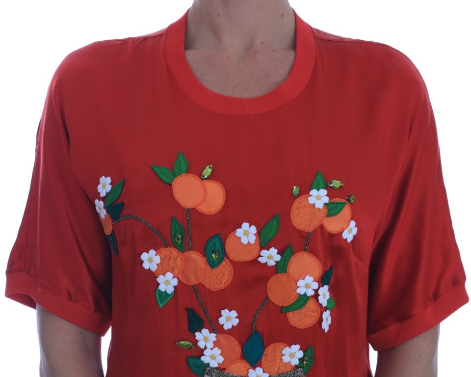 Dolce & Gabbana Red Silk Oranges Floral Crystal Blouse Rood