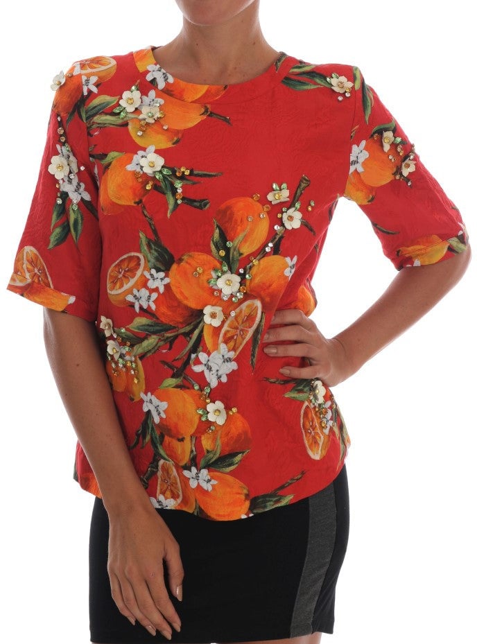 Dolce & Gabbana Orange Print Crystal-Embellished Blouse Divers