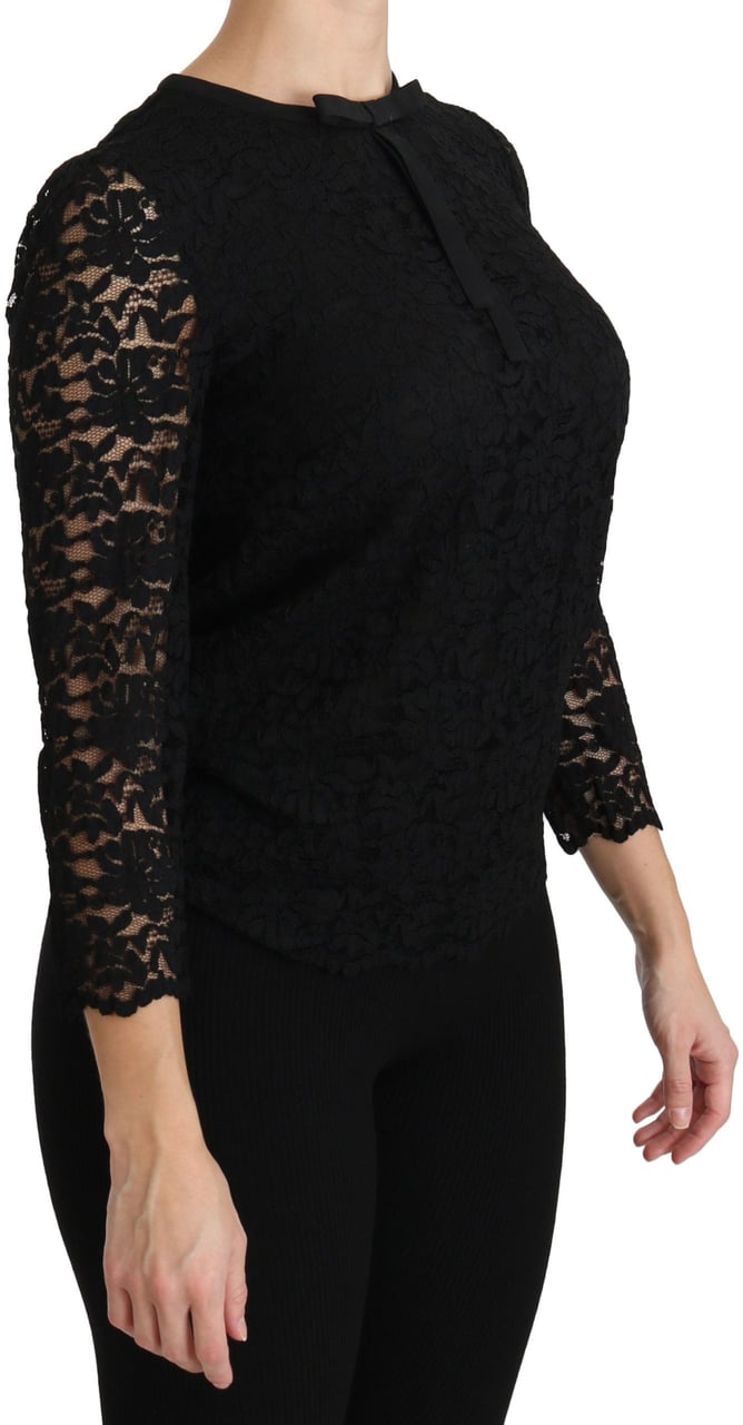 Dolce & Gabbana Black Lace Long Sleeve Nylon Blouse Zwart