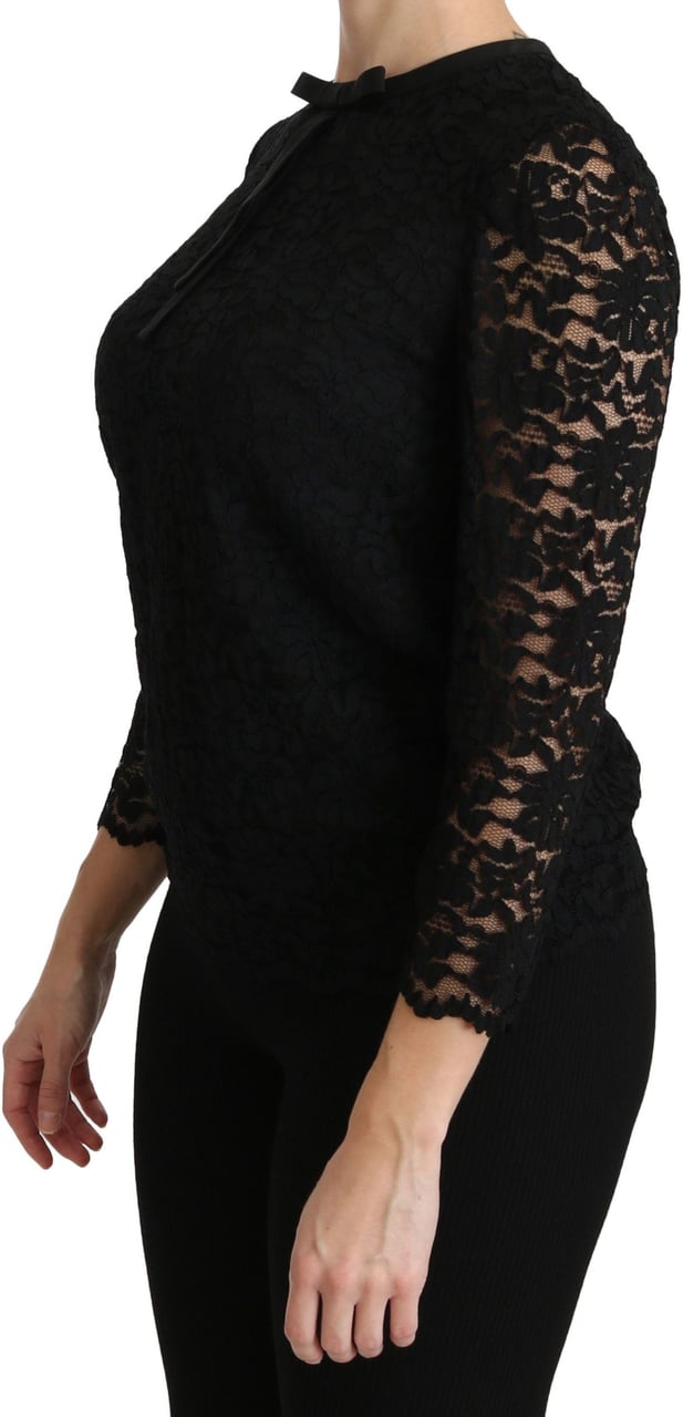 Dolce & Gabbana Black Lace Long Sleeve Nylon Blouse Zwart