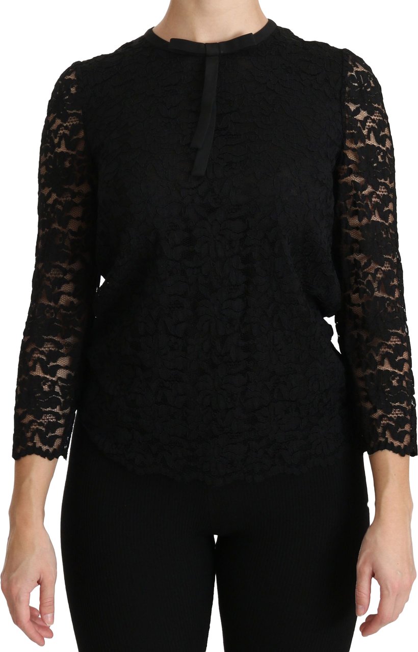 Dolce & Gabbana Black Lace Long Sleeve Nylon Blouse Zwart