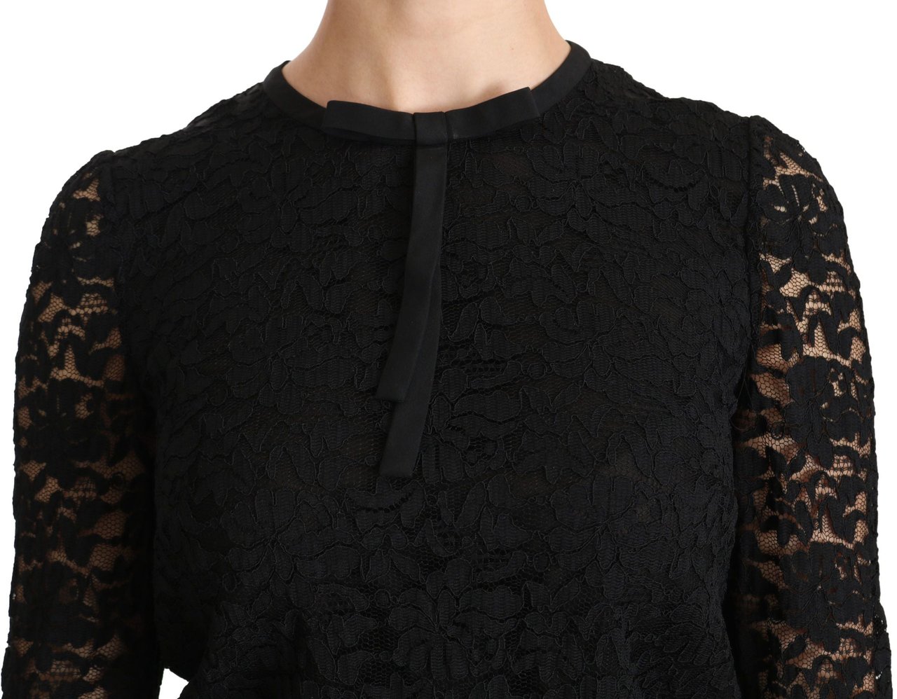 Dolce & Gabbana Black Lace Long Sleeve Nylon Blouse Zwart