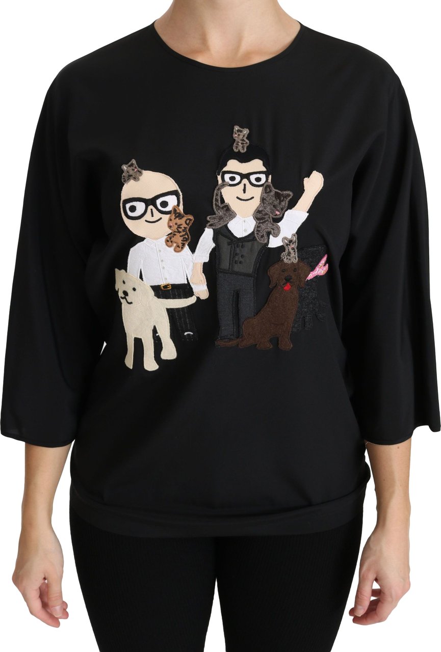Dolce & Gabbana Black #dgfamily Top T-shirt Silk Blouse Zwart