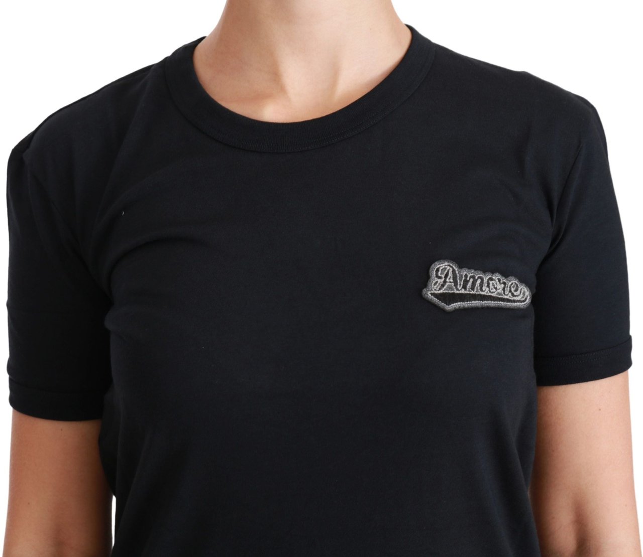 Dolce & Gabbana Blue Amore Patch Crewneck Cotton Top T-shirt Blauw