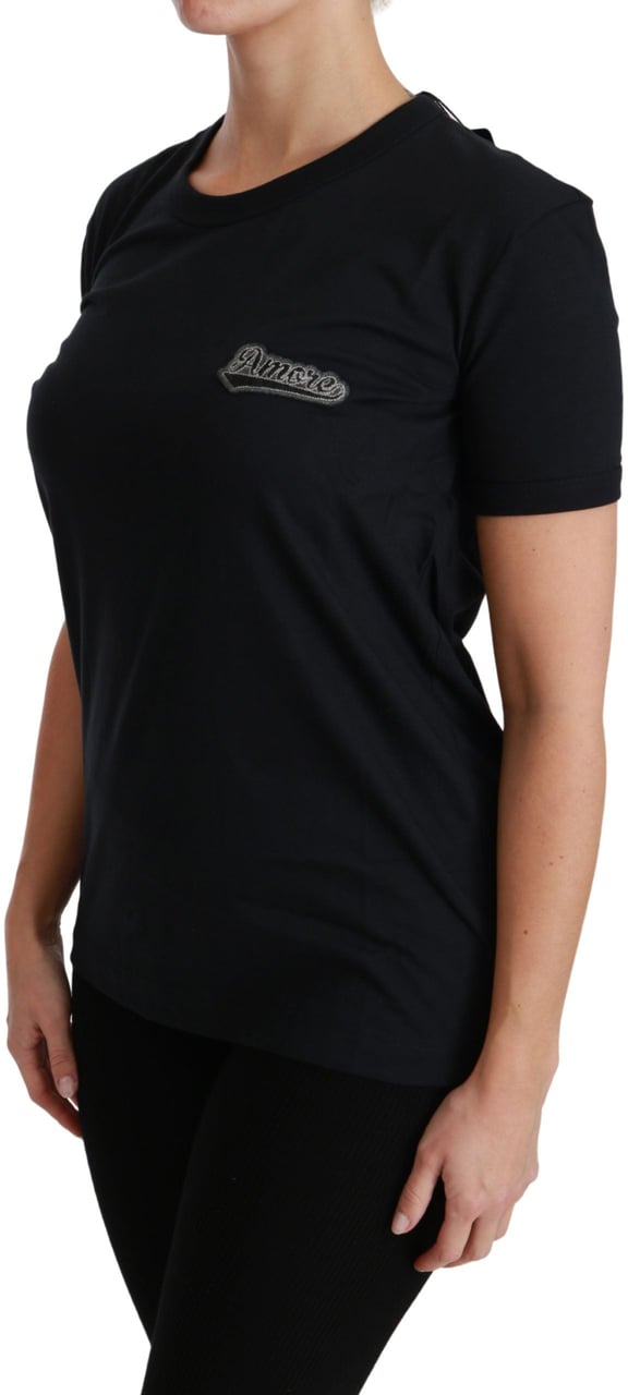 Dolce & Gabbana Blue Amore Patch Crewneck Cotton Top T-shirt Blauw