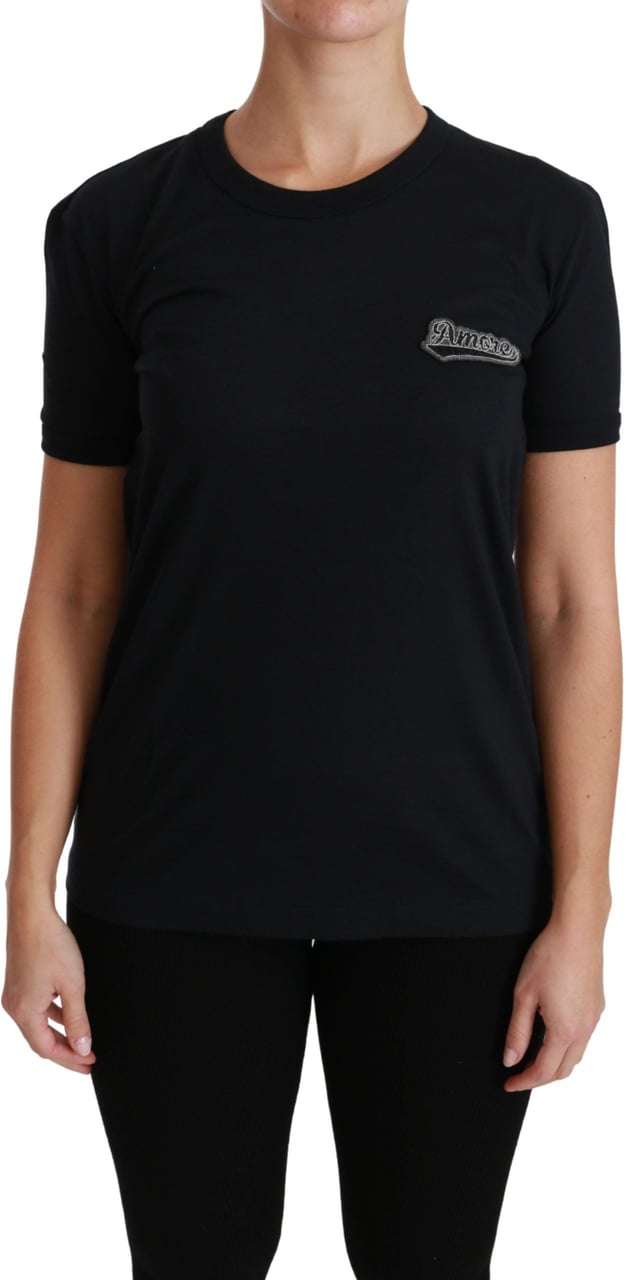 Dolce & Gabbana Blue Amore Patch Crewneck Cotton Top T-shirt Blauw