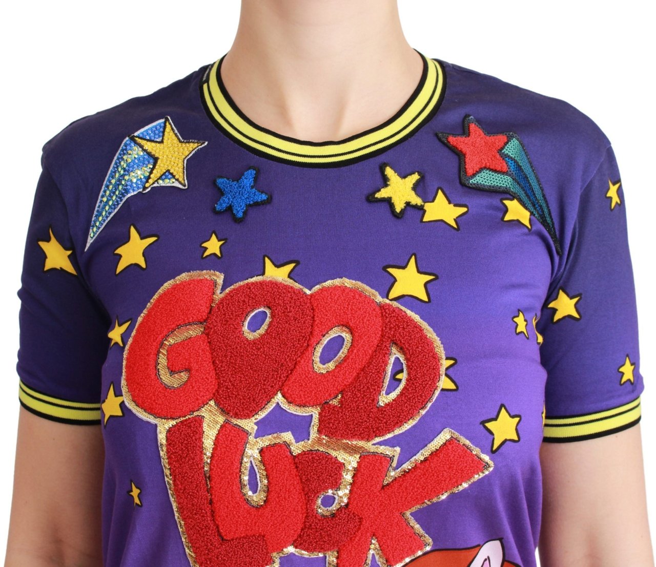 Dolce & Gabbana Purple YEAR OF THE PIG Top Cotton T-shirt Zwart