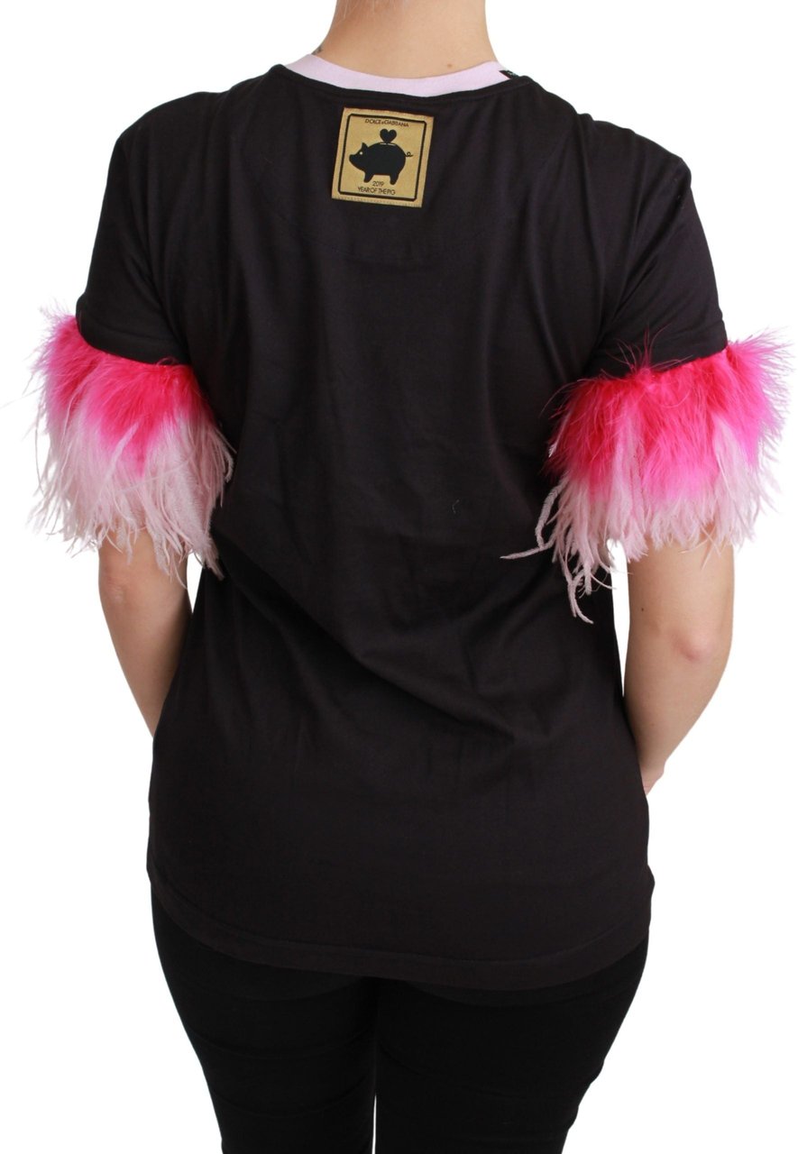 Dolce & Gabbana Black YEAR OF THE PIG Top Cotton T-shirt Zwart