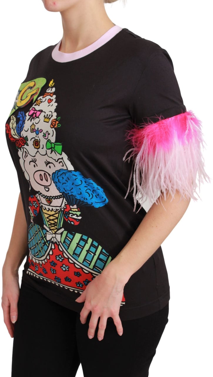 Dolce & Gabbana Black YEAR OF THE PIG Top Cotton T-shirt Zwart