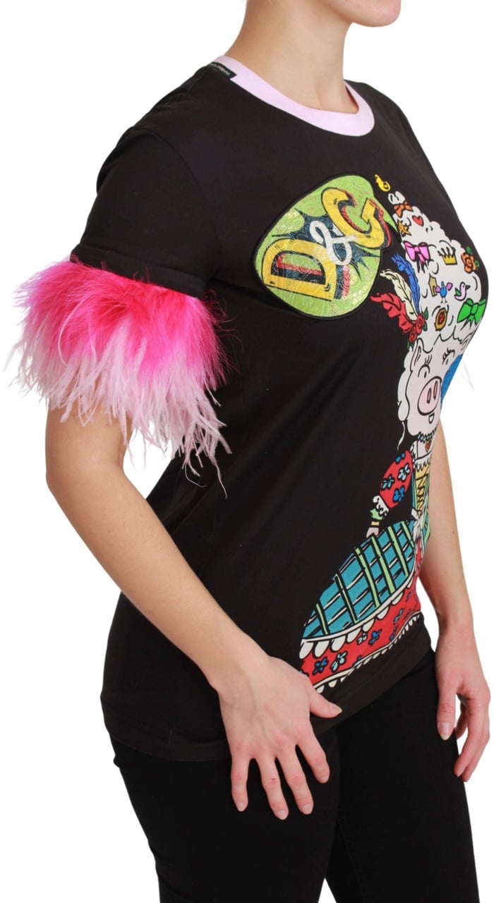 Dolce & Gabbana Black YEAR OF THE PIG Top Cotton T-shirt Zwart